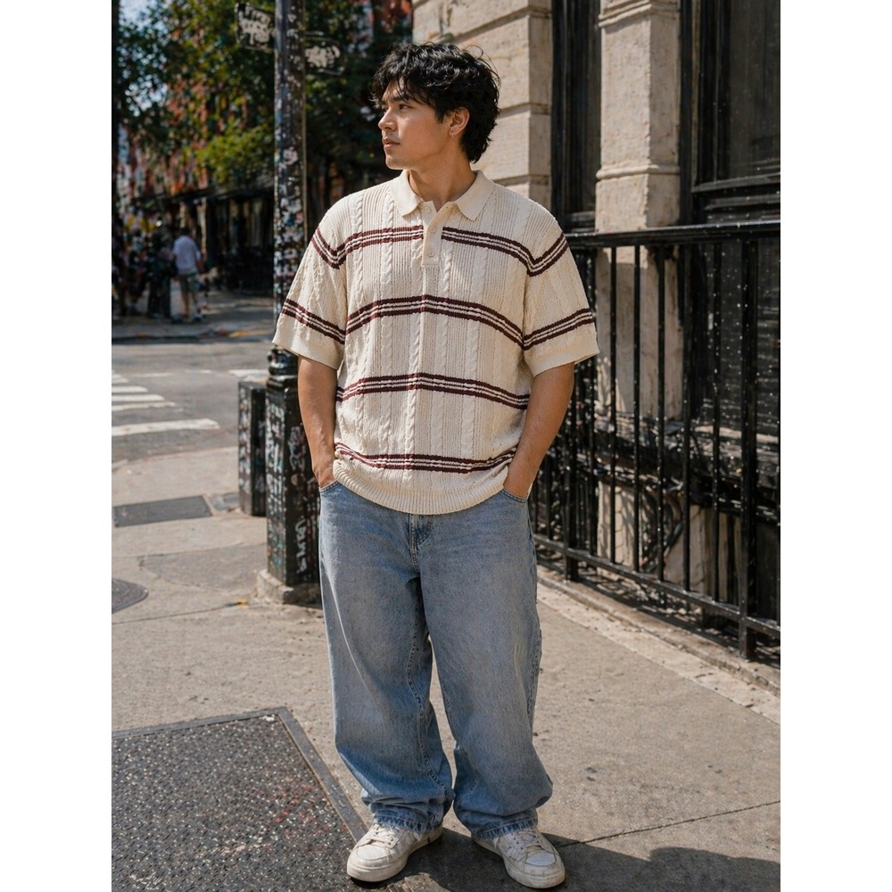 Goodfellow Mens Cable Knit Striped Polo Sweater Cream Brown Short Sleeve L (NWT)